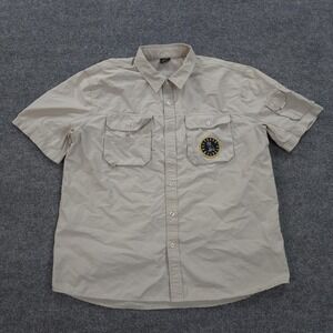 October's Very Own Shirt‎ Mens XL Tan Vented Fishing Button Up Owl Patch OVO